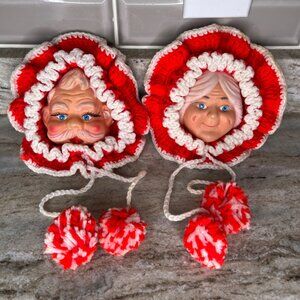 VTG Handmade Rubber Face Santa & Mrs. Claus Crochet Wall Hangings With Pom-Poms